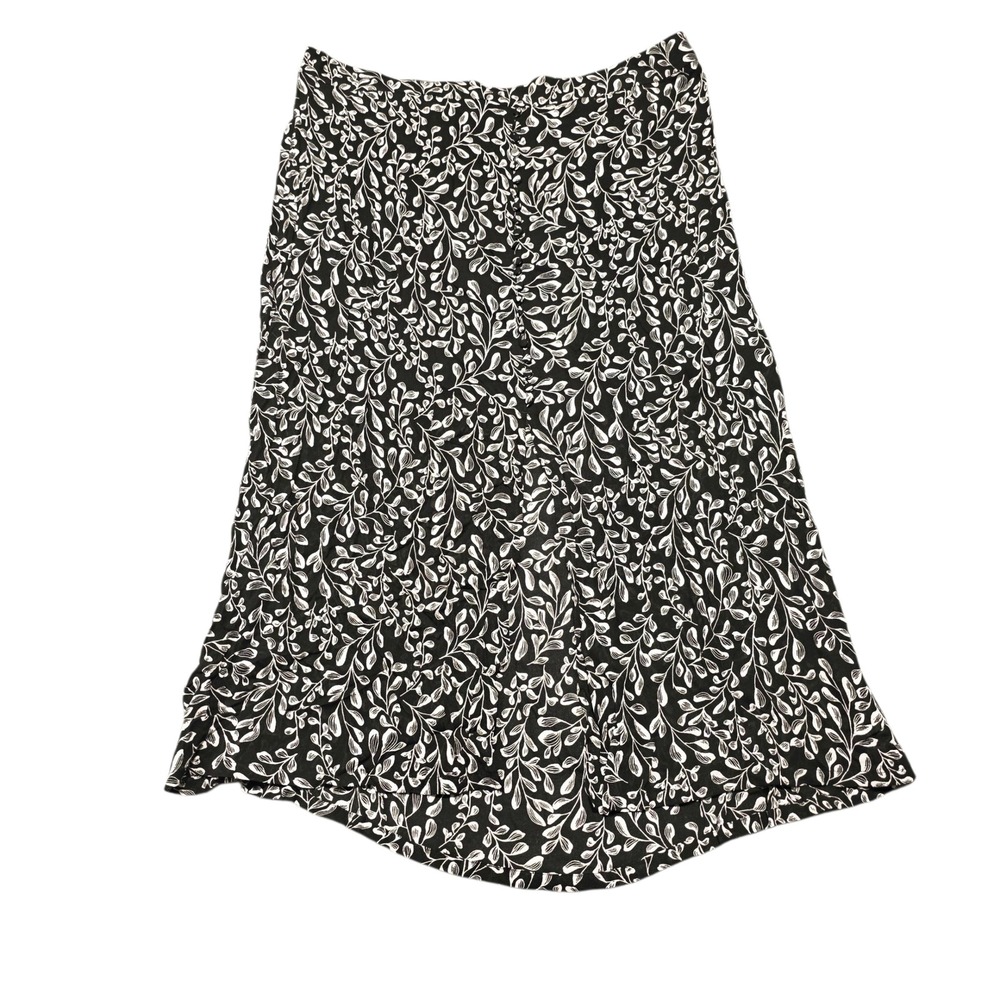 J. Jill Black White Leaf Print Midi Skirt Elastic Waist Women's XL Unlined